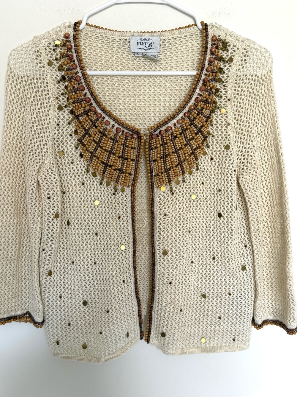 Just B Vintage Embellished Beaded Cardigan Sweater Ivory Boho Cottagecore